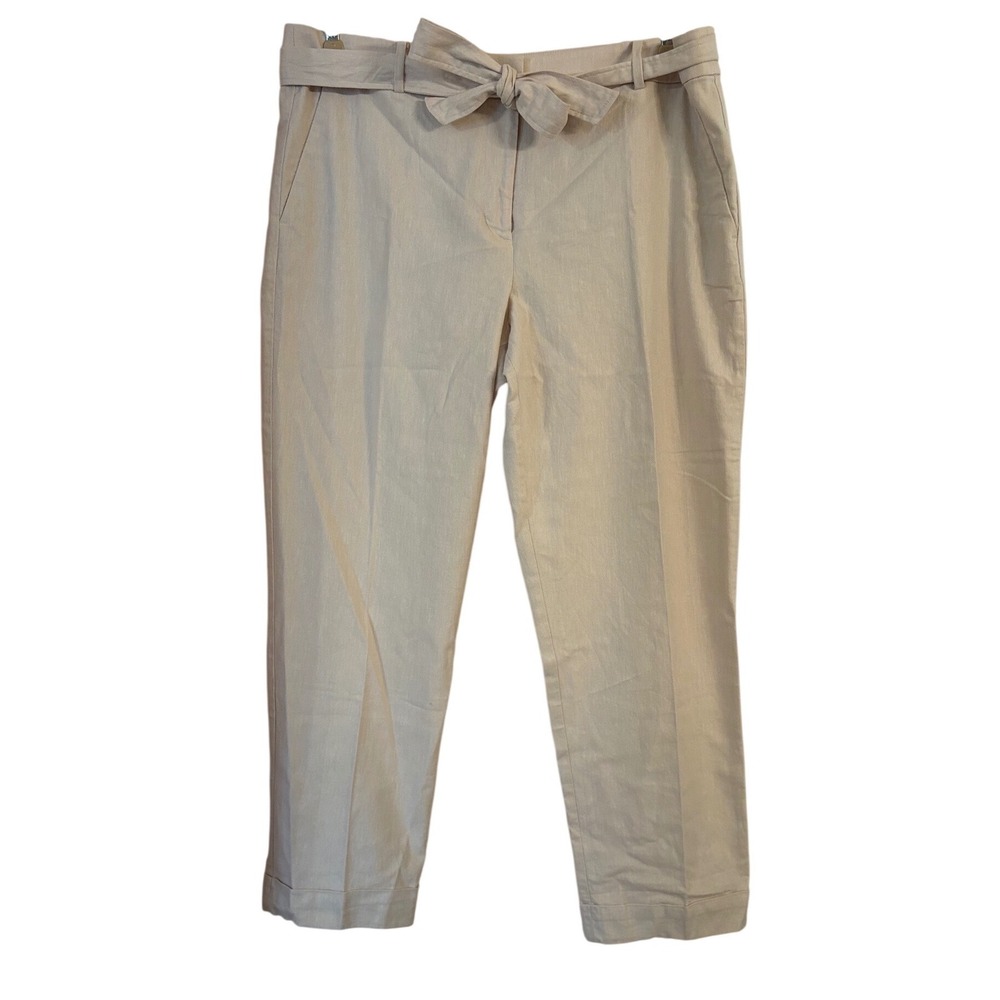 LOFT The Devin Slim Beige Cotton Linen Blend Tie Waist Ankle Pants Size 14 - Picture 2 of 6